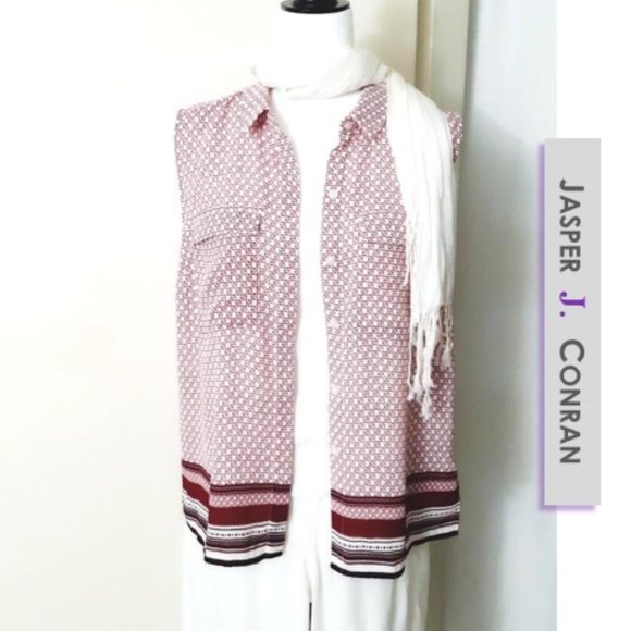 JASPER CONRAN Blouse Shirt Top Red White GeoPrint Sleeveless Collar Button Front - Picture 2 of 10